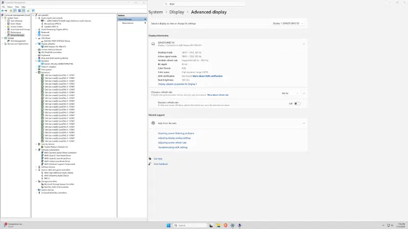 Windows display settings in the guest: 4K at 160 Hz with VRR and HDR